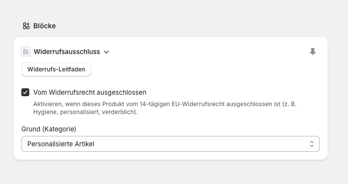 Screenshot: Admin-Block „Widerrufsausschluss" auf der Produktseite – siehe App.